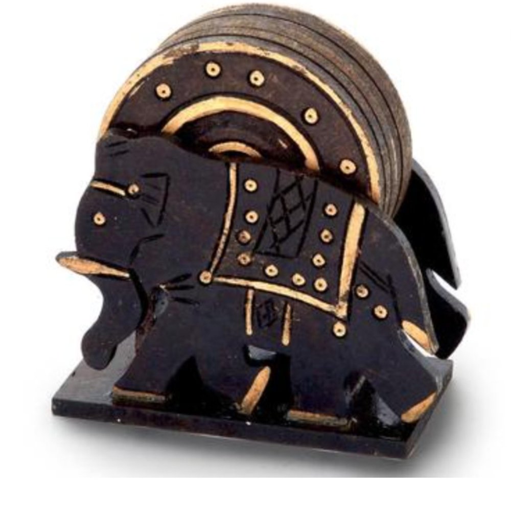 Set of 6 wooden tea coasters and box  - Elephant design